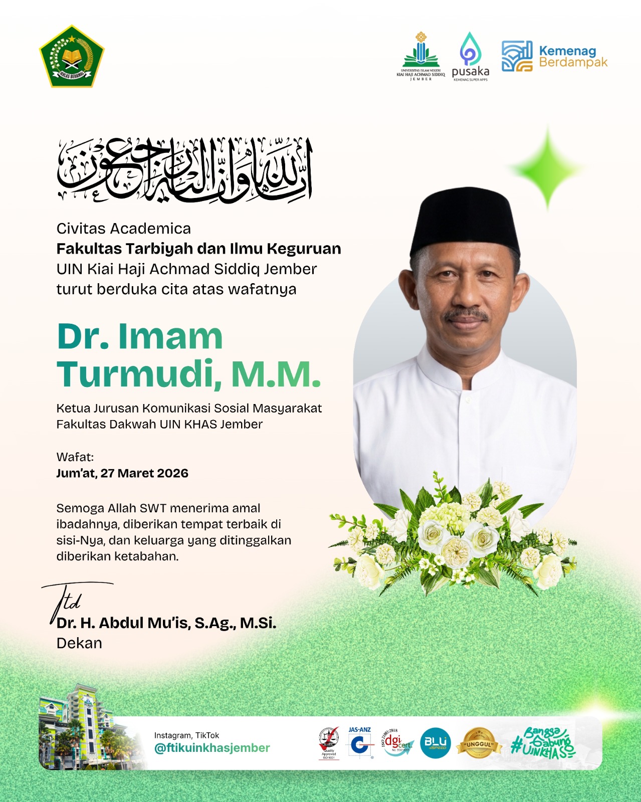 Duka Mendalam UIN KHAS Jember: Dr. Imam Turmudi Tutup Usia
